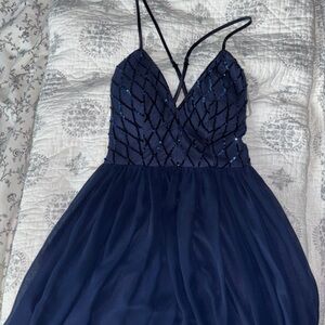 PromGirl Navy Blue Spaghetti Strap Homecoming Dress